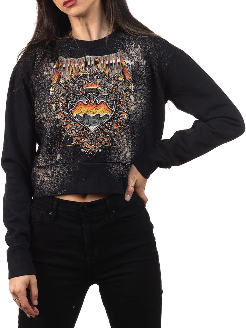 Affliction Black Cropped Graphic Sweatshirt with Orange Accents